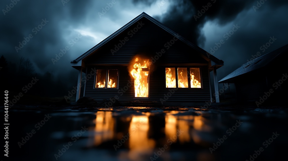 A house engulfed in flames with smoke billowing into the night sky, reflecting in a puddle of water in the foreground. A house engulfed in flames with smoke billowing into the night sky, reflecting in a puddle of water in the foreground.