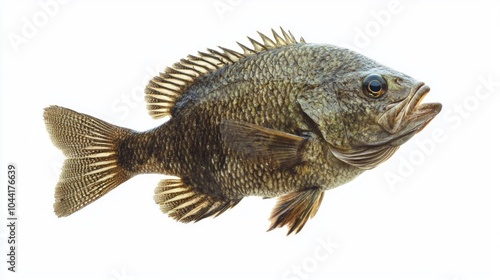 Tripletail scientifically known as Lobotes surinamensis is depicted against a clean white backdrop emphasizing its unique scales and fins in photorealistic detail.