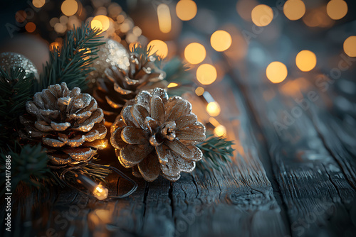 Weihnachtsstimmung mit weihnachtlichen Dekorationen, Tannenbaum, Tannenzapfen und warme goldene Lichter photo