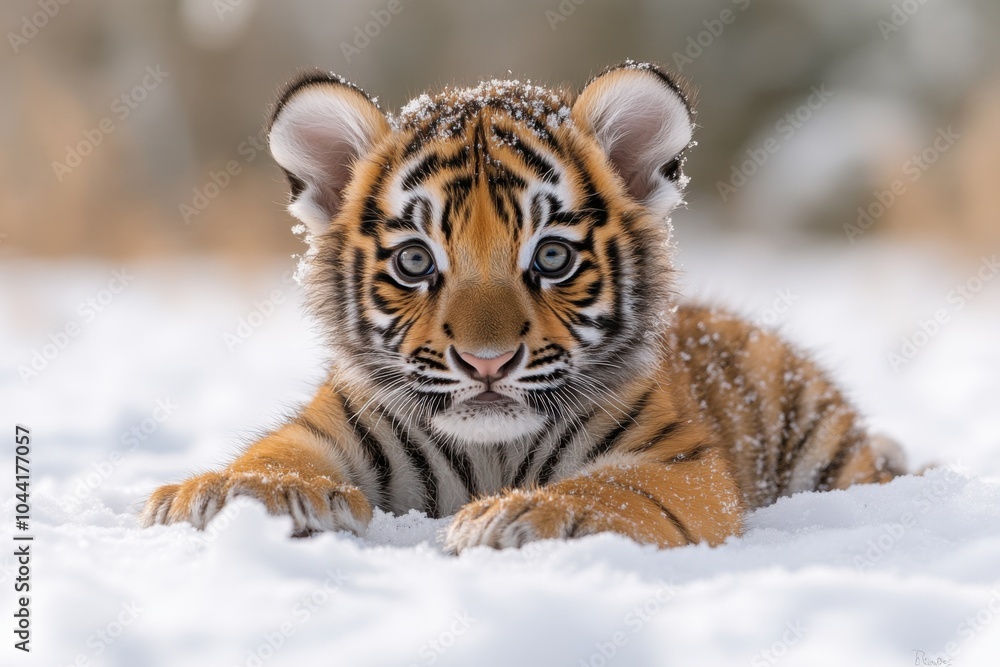 Obraz premium Adorable Tiger Cub Playfully Exploring Snow-Covered Terrain with Curious Eyes