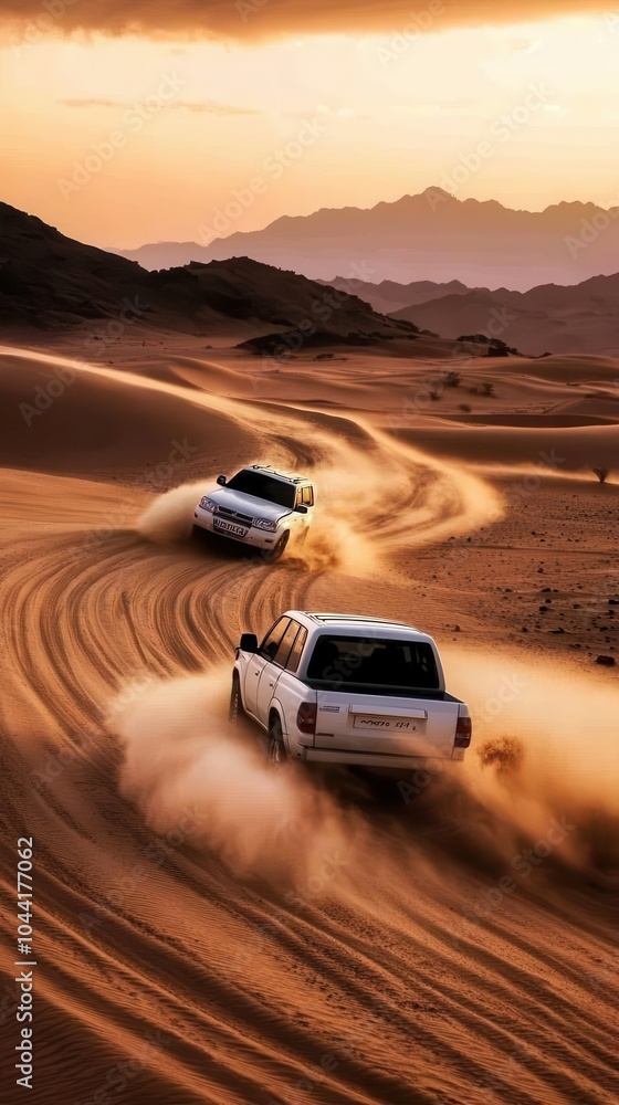 Desert safari expedition, vibrant colors, scenic routes, dynamic action, inviting Desert safari expedition, vibrant colors, scenic routes, dynamic action, inviting