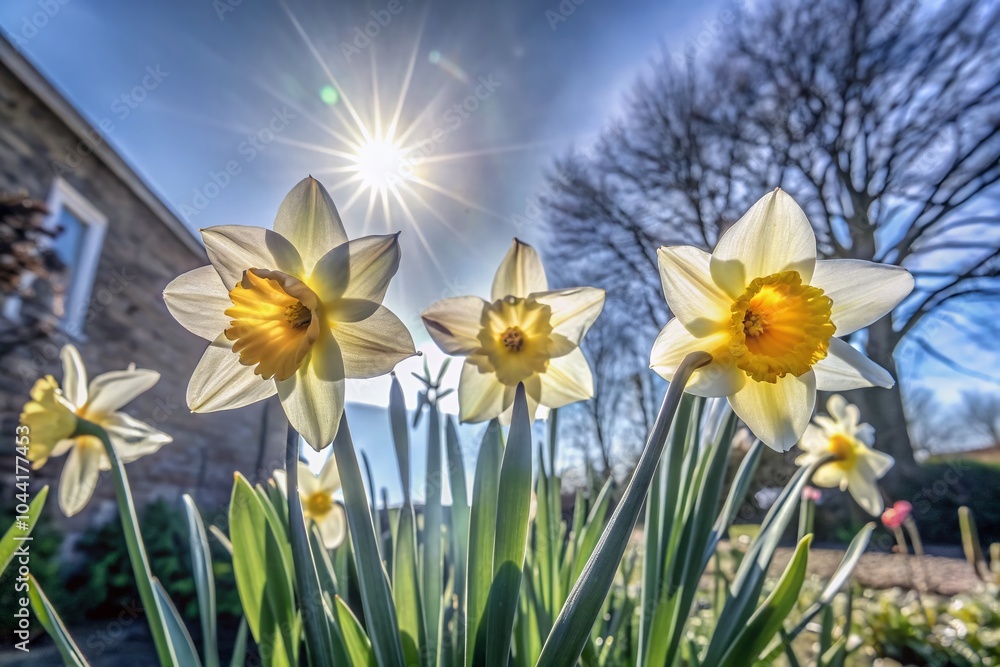 Obraz premium Daffodils in Spring: Backlit Blooms Radiating Sunshine for a Serene Garden Scene