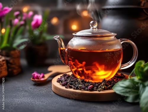 Herbal tea preparation, vibrant colors, cozy setting, close-up, inviting