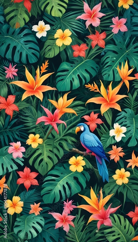 Tropical exotic pattern with animal and flowers in bright colors and lush vegetation Tropical exotic pattern with animal and flowers in bright colors and lush vegetation