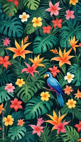 Tropical exotic pattern with animal and flowers in bright colors and lush vegetation