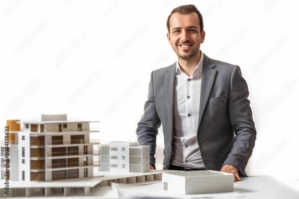 Real estate developer is smiling while presenting a new building model on a table Real estate developer is smiling while presenting a new building model on a table