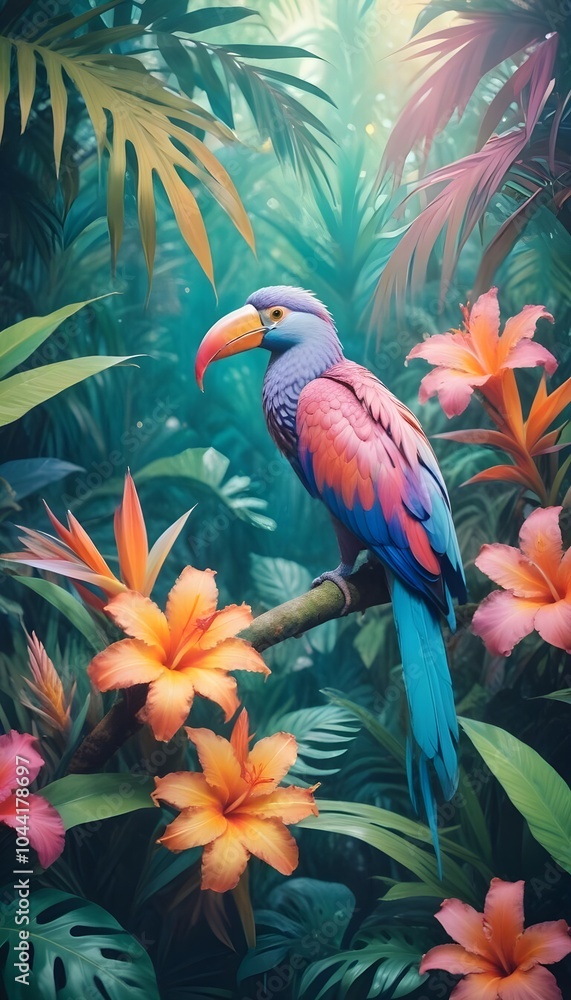Tropical exotic pattern with animal and flowers in bright colors and lush vegetation Tropical exotic pattern with animal and flowers in bright colors and lush vegetation