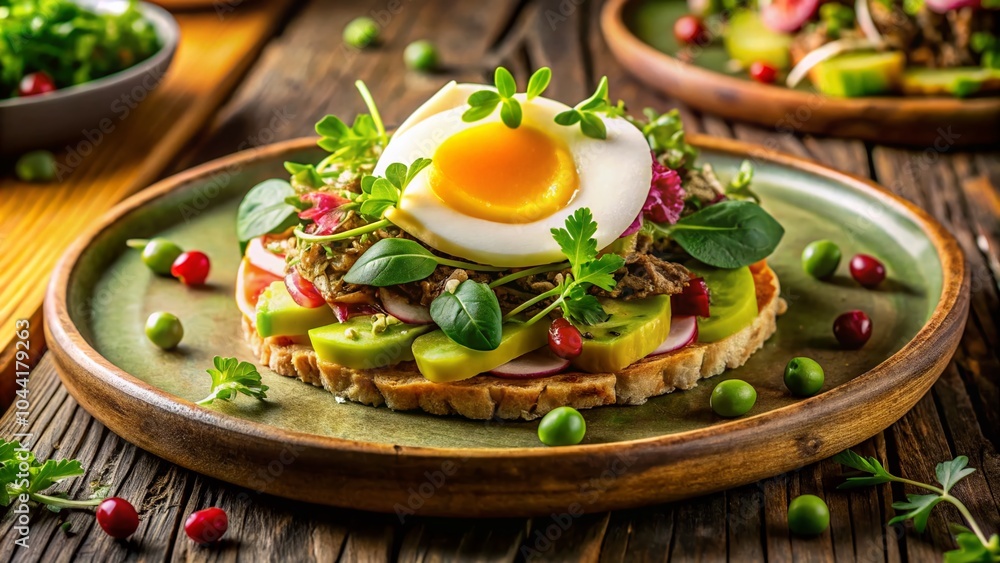 Delicious Soft Boiled Egg and Tuna Tostada with Avocado for a Healthy Gourmet Meal Delicious Soft Boiled Egg and Tuna Tostada with Avocado for a Healthy Gourmet Meal