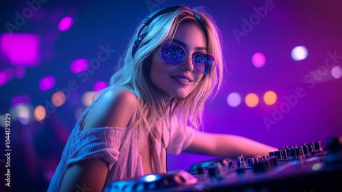 DJ in the night party club, colorful light, happy, blonde, beautiful, sunglasses, headphone, european beauty, photo