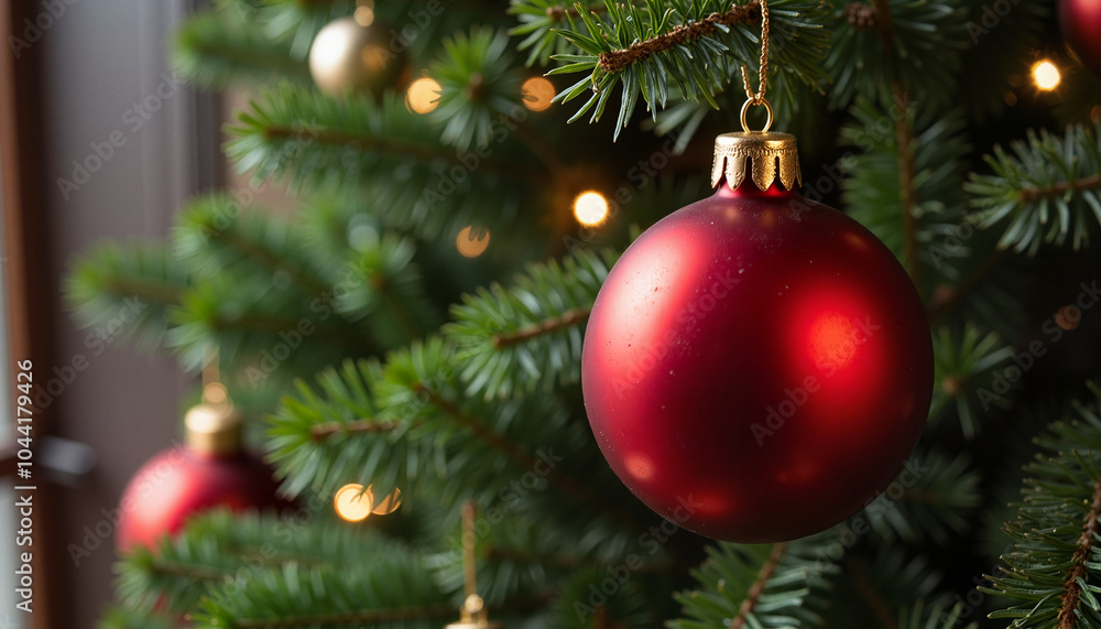 Red Christmas bauble on decorated pine tree Red Christmas bauble on decorated pine tree