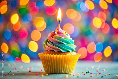 Delightful Small Birthday Cupcake with Candle - Festive Dessert Photography for Celebrations