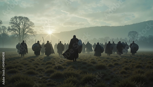 Silhouetted figures walking through misty field at dawn