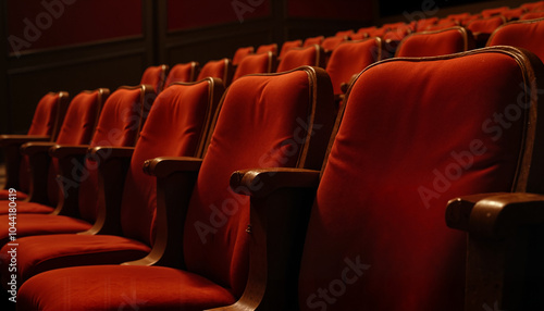 Empty red velvet theater seats in dimly lit auditorium