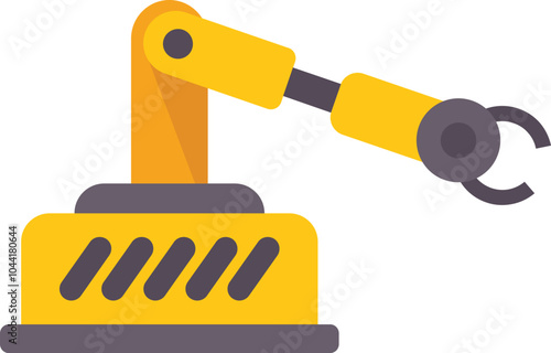 Yellow robotic arm on white background picking up object with metal gripper