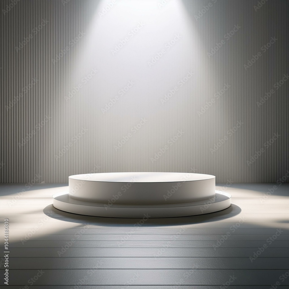 Fototapeta premium White circular podium with rays of light in a minimalistic interior room. 3D Rendering