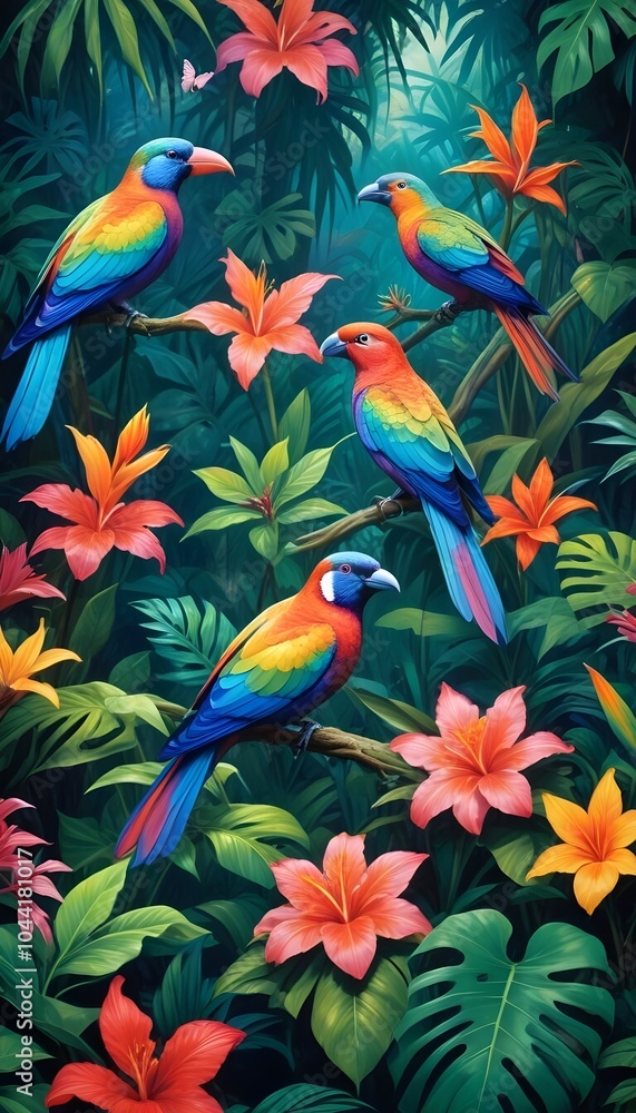 Tropical exotic pattern with animal and flowers in bright colors and lush vegetation Tropical exotic pattern with animal and flowers in bright colors and lush vegetation