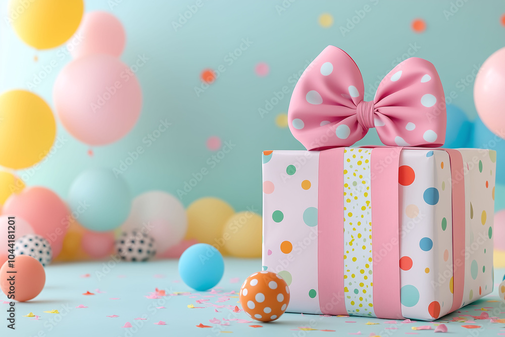 Eine Geschenkebox in auffallenden Farben mit einem farbigen Hintergrund, Grusskarte zum Geburtstag in Rosa Blau Weiss und Gelb, Geburtstagskarte in Pastelltöne und mit Luftballons Eine Geschenkebox in auffallenden Farben mit einem farbigen Hintergrund, Grusskarte zum Geburtstag in Rosa Blau Weiss und Gelb, Geburtstagskarte in Pastelltöne und mit Luftballons