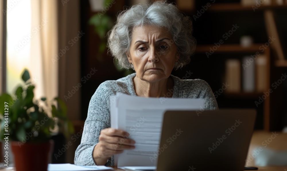 Old woman with serious expression reading document sitting at desk with laptop, dealing with important paperwork, managing finances or health-related issues, learn written information looks concerned Old woman with serious expression reading document sitting at desk with laptop, dealing with important paperwork, managing finances or health-related issues, learn written information looks concerned