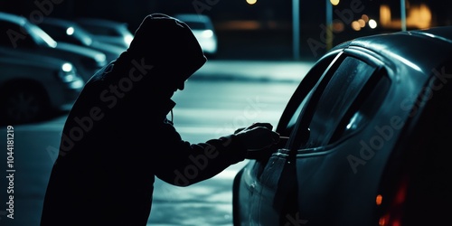 A thief picking the lock of a parked car in a dark, empty parking lot