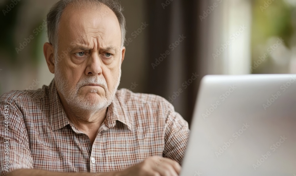 Older man with serious expression reading document sitting at desk with laptop, dealing with important paperwork, managing finances or health-related issues, learn written information looks concerned Older man with serious expression reading document sitting at desk with laptop, dealing with important paperwork, managing finances or health-related issues, learn written information looks concerned
