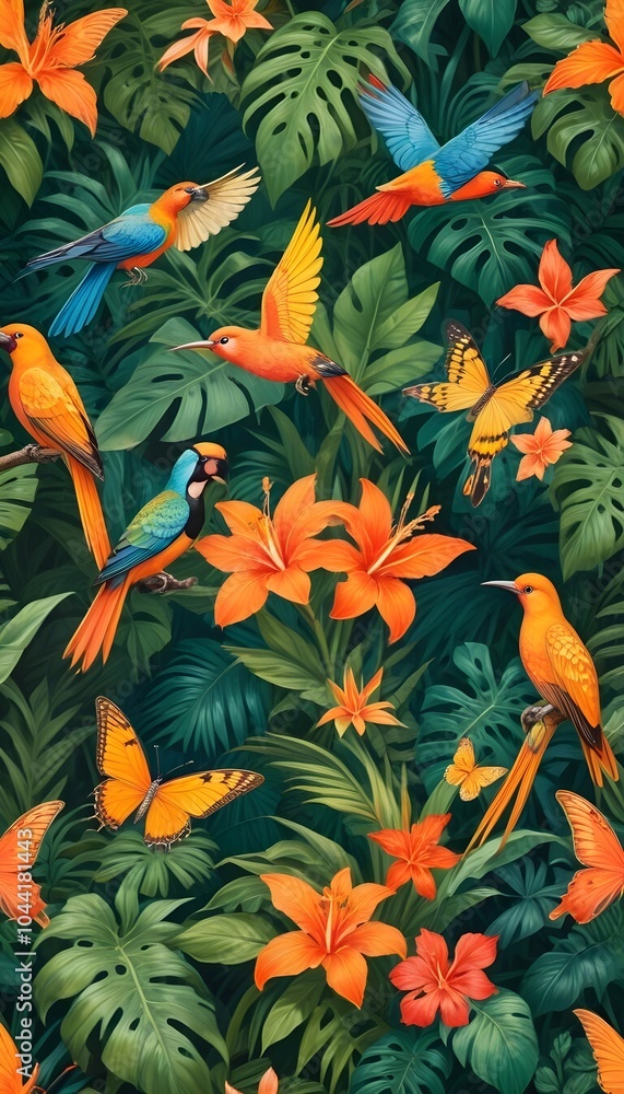 Tropical exotic pattern with animal and flowers in bright colors and lush vegetation Tropical exotic pattern with animal and flowers in bright colors and lush vegetation