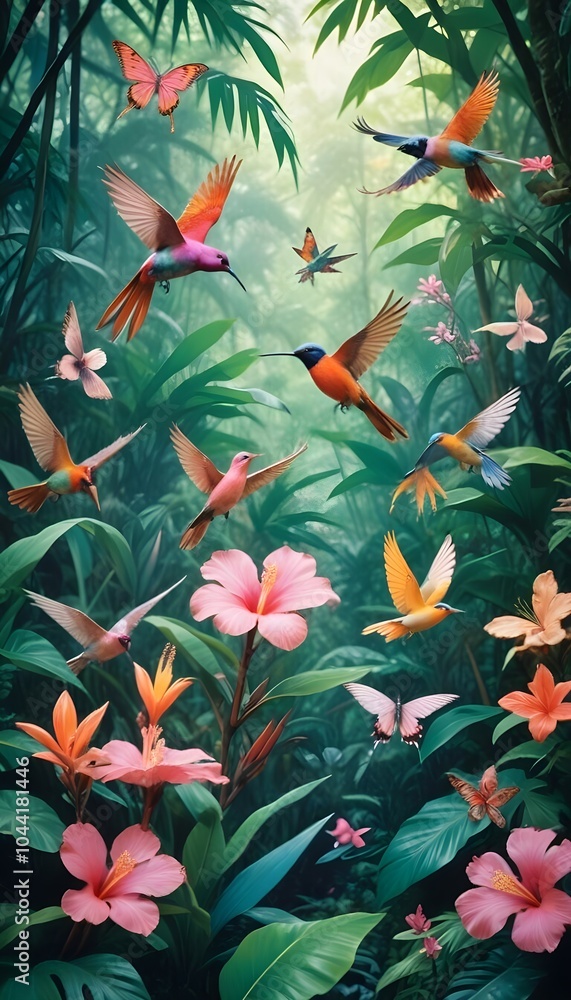Tropical exotic pattern with animal and flowers in bright colors and lush vegetation Tropical exotic pattern with animal and flowers in bright colors and lush vegetation