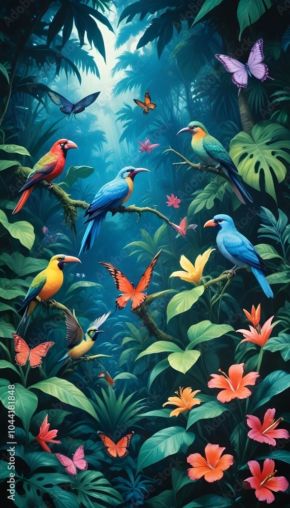Tropical exotic pattern with animal and flowers in bright colors and lush vegetation Tropical exotic pattern with animal and flowers in bright colors and lush vegetation