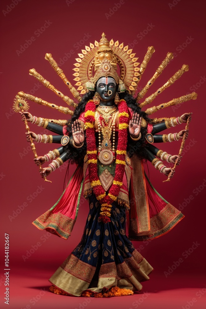 Goddess kali, a fearsome Hindu deity, standing in a traditional ornamented dress with a red background Goddess kali, a fearsome Hindu deity, standing in a traditional ornamented dress with a red background
