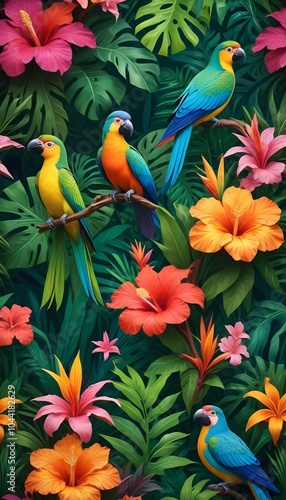 Tropical exotic pattern with animal and flowers in bright colors and lush vegetation