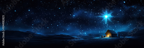 Wooden Stable at Dark Blue Starry Night, Jesus Christ Birth Concept Banner with Copy Space
