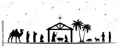 Christmas Nativity scene background. Black silhouettes isolated on white. Vector illustration.