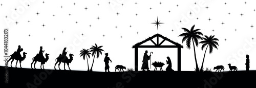 Christmas Nativity scene background. Black silhouettes isolated on white. Vector illustration.