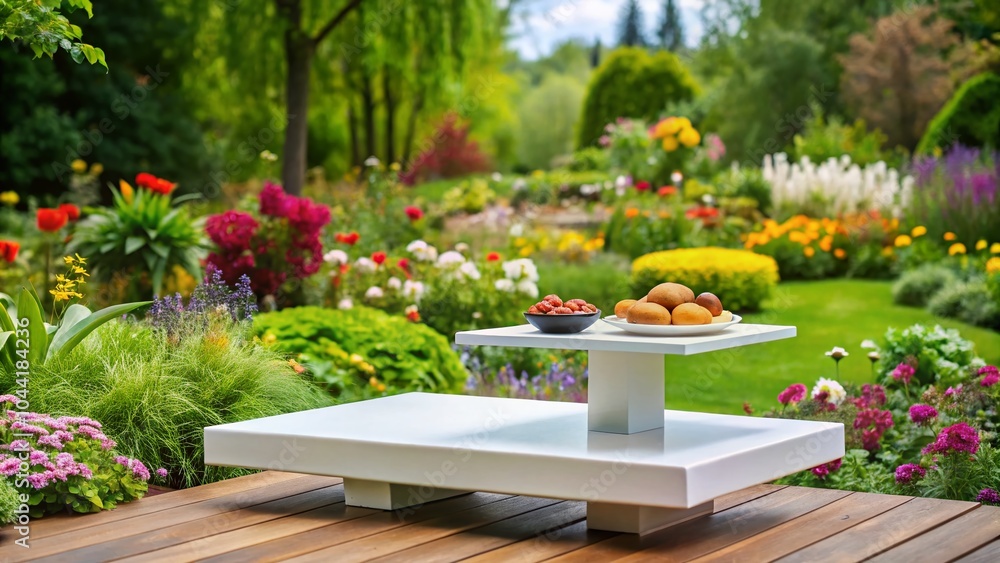Fototapeta premium Elegant Food Arrangement on White Platform Surrounded by Blooming Garden Flowers