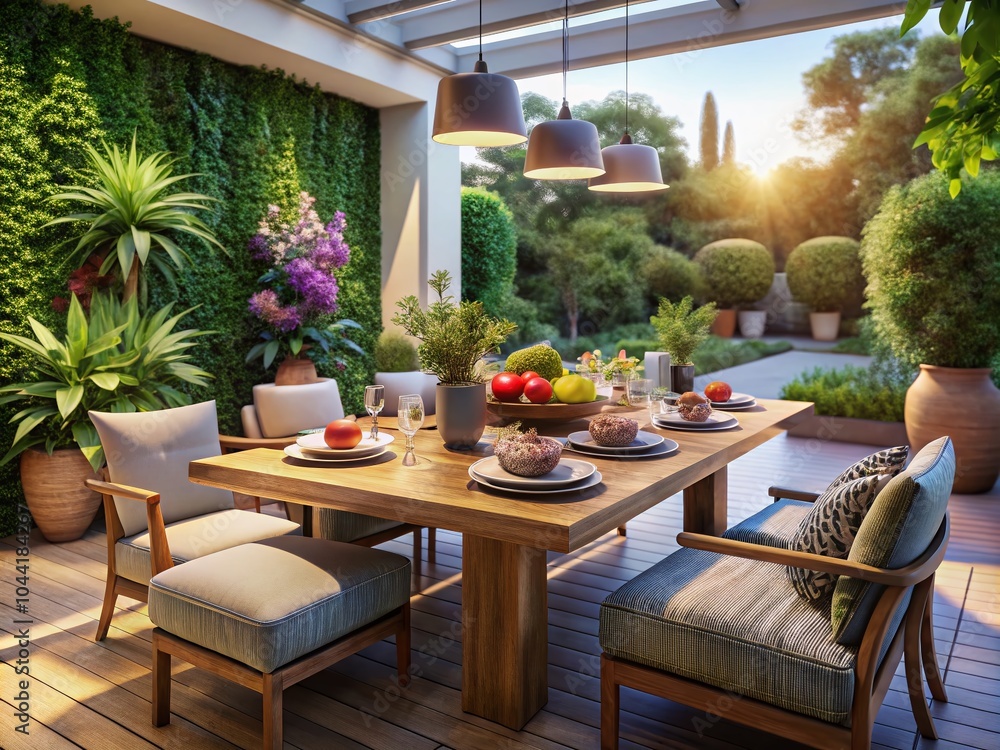 Obraz premium Elegant Food Arrangement in a Cozy Patio Living Space - 3D Rendered Design for Outdoor Dining Inspiration