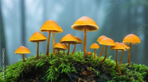 Wallpaper Mural A cluster of vibrant orange mushrooms growing on moss in a misty forest setting. Torontodigital.ca