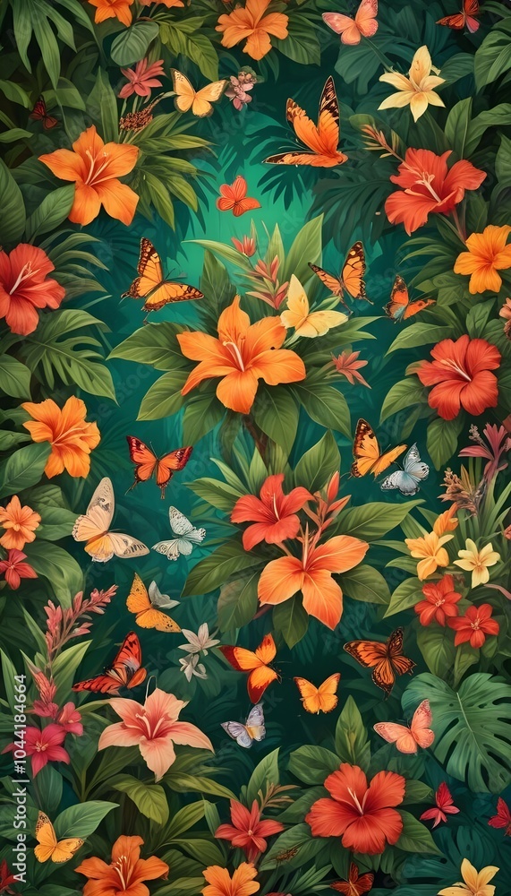 Tropical exotic pattern with animal and flowers in bright colors and lush vegetation Tropical exotic pattern with animal and flowers in bright colors and lush vegetation