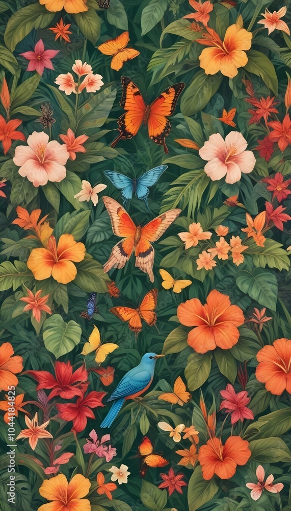Tropical exotic pattern with animal and flowers in bright colors and lush vegetation Tropical exotic pattern with animal and flowers in bright colors and lush vegetation