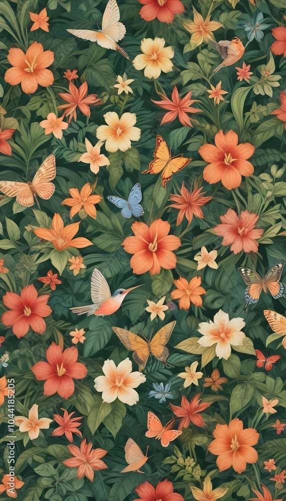 Tropical exotic pattern with animal and flowers in bright colors and lush vegetation Tropical exotic pattern with animal and flowers in bright colors and lush vegetation