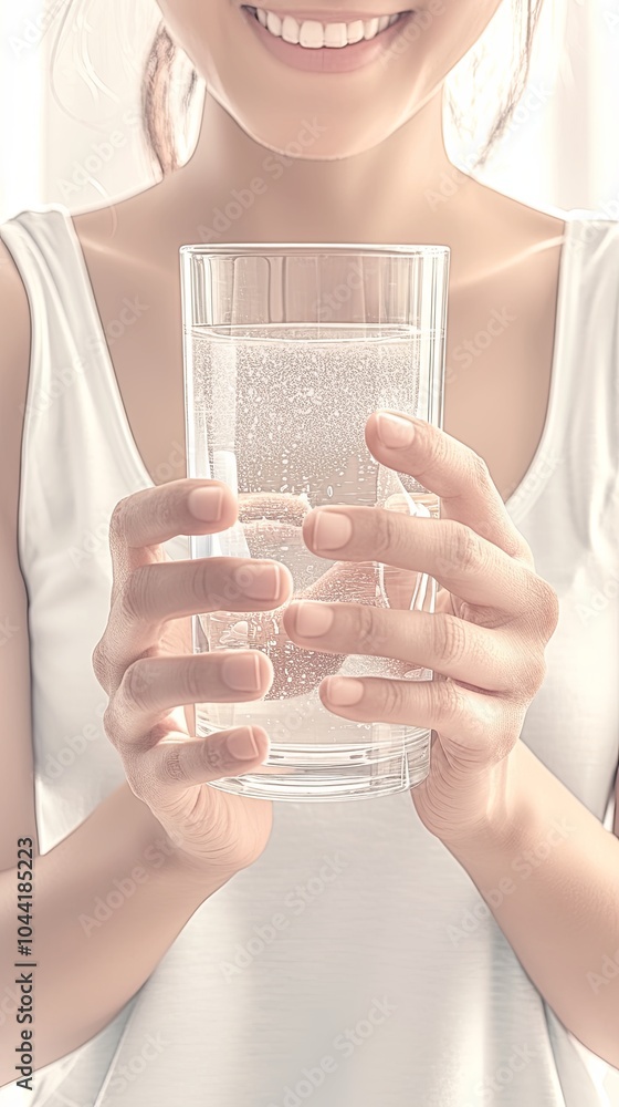 Woman holding a glass of sparkling water with a smile Woman holding a glass of sparkling water with a smile