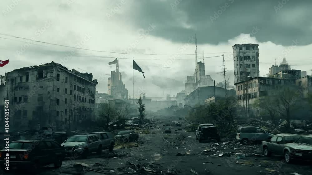 4k background war city dead atmosphere loop animation disaster Broken ruin destruction urban destroy explosion attack conflict burning building abandoned dark earthquake apocalyptic damage apocalypse