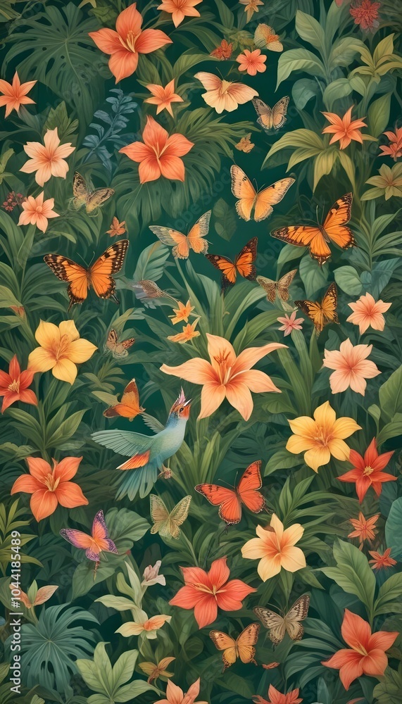 Tropical exotic pattern with animal and flowers in bright colors and lush vegetation Tropical exotic pattern with animal and flowers in bright colors and lush vegetation