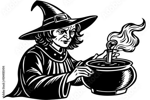 Illustration of Cartoon old witch preparing a potion