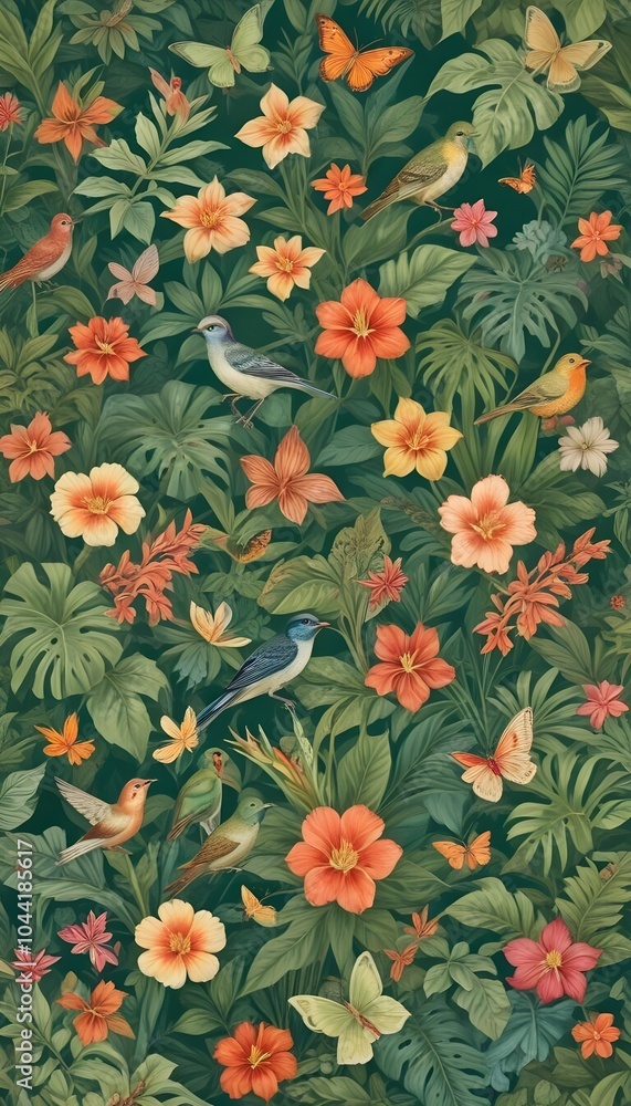 Tropical exotic pattern with animal and flowers in bright colors and lush vegetation Tropical exotic pattern with animal and flowers in bright colors and lush vegetation