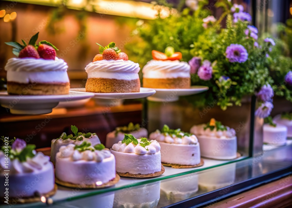 Elegant White Cakes Displayed in Pastry Shop Window with Beautiful Details and Natural Light Elegant White Cakes Displayed in Pastry Shop Window with Beautiful Details and Natural Light
