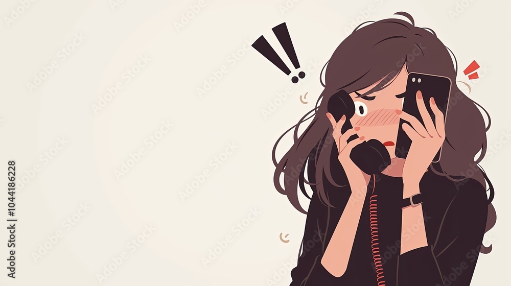 Frustrated woman in black shirt holding phone in stressful conversation Frustrated woman in black shirt holding phone in stressful conversation