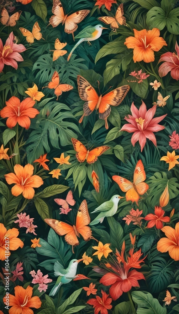 Tropical exotic pattern with animal and flowers in bright colors and lush vegetation Tropical exotic pattern with animal and flowers in bright colors and lush vegetation