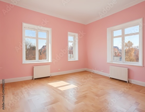 Elegant classical pink room with tall windows and golden accents in a historic building