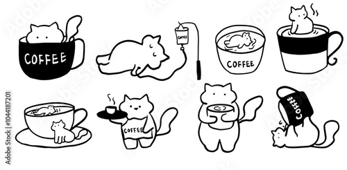 Cat x Coffee Set Illustration | Cute Minimalist Doodle Vector for Coffee and Pet-Themed Designs