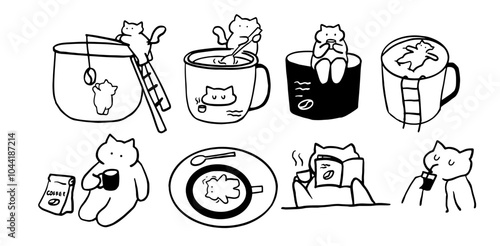 Cat x Coffee Set Illustration | Cute Minimalist Doodle Vector for Coffee and Pet-Themed Designs