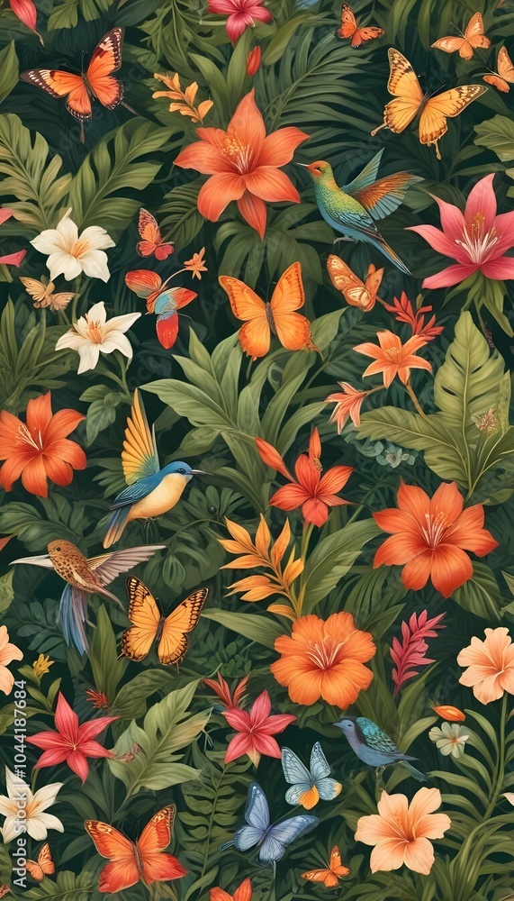 Tropical exotic pattern with animal and flowers in bright colors and lush vegetation Tropical exotic pattern with animal and flowers in bright colors and lush vegetation